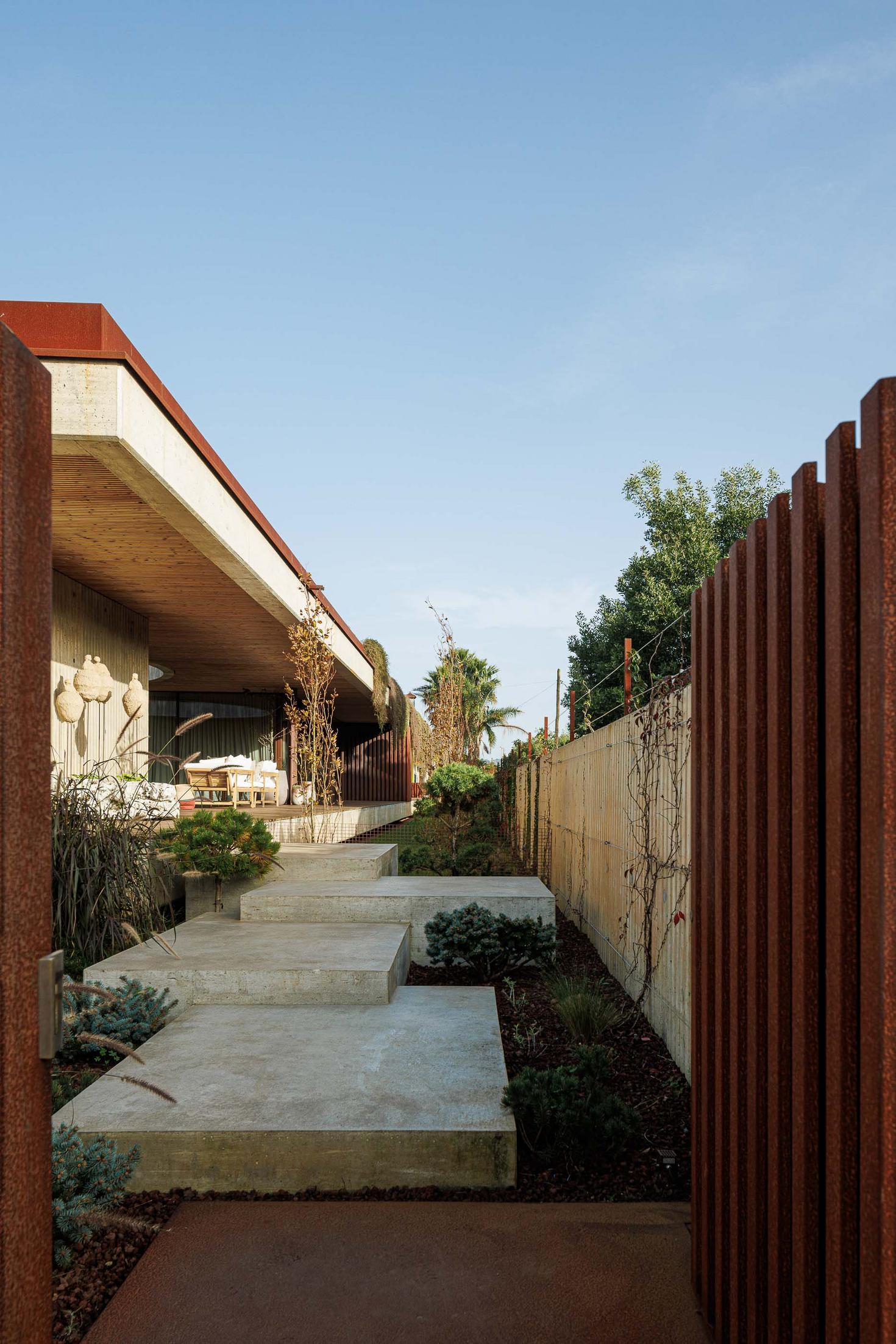 Caminho de acesso à casa em degraus de betão, com vegetação densa e vedação em ripas de aço corten. — Mimosa House arquitetura Pedro Henrique Arquitecto em Esmoriz