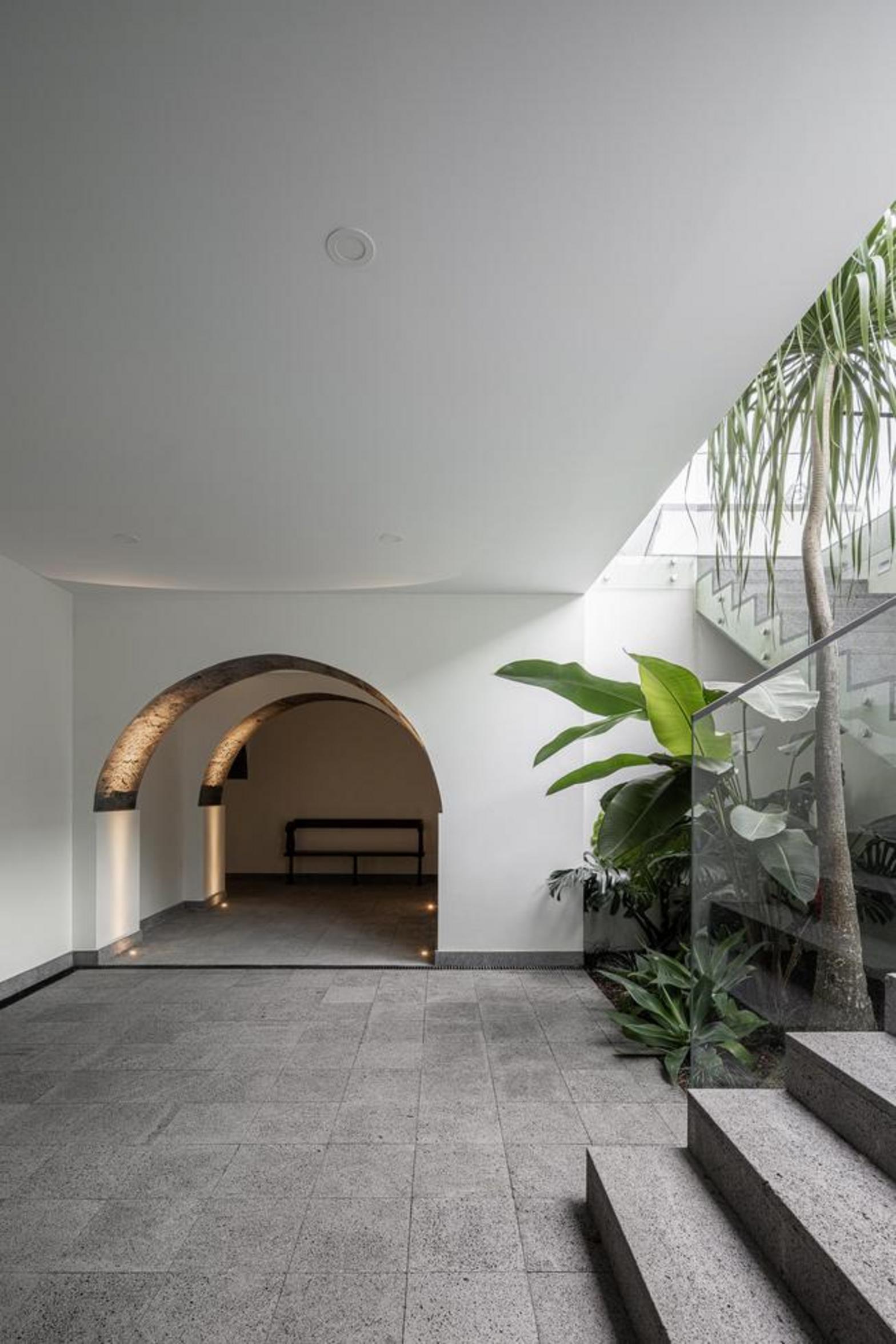 Jardim/Piscina. Piscina retangular e deck de madeira escura. Fachada moderna branca e cinzenta. Vegetação tropical e céu azul — Casa T+A Açores arquitectura Lopes da Costa fotografia Ivo Tavares
