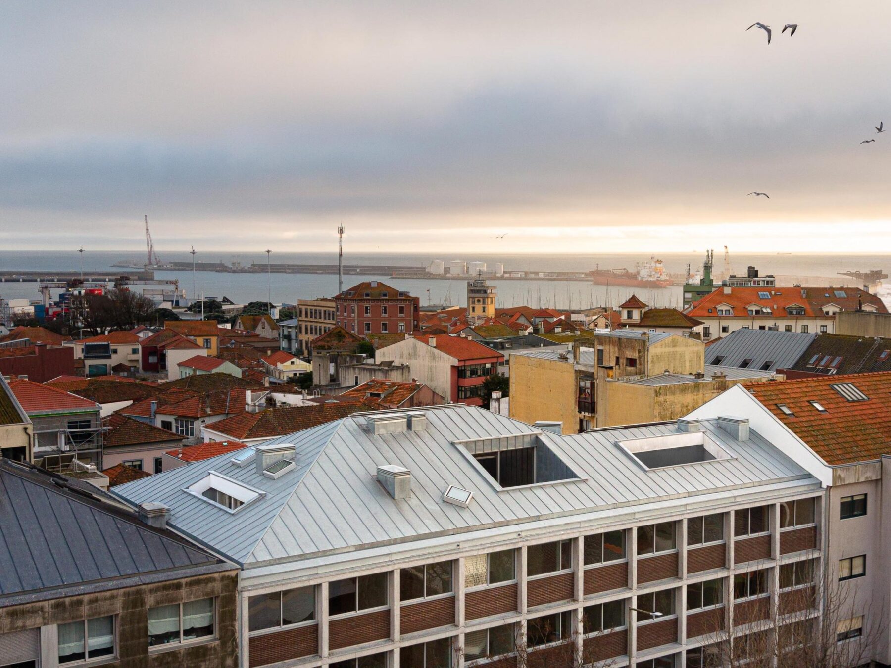Vista da cobertura metálica cinzenta do edifício, com claraboias, inserido na malha urbana consolidada de Leça da Palmeira, com o mar no horizonte. — EDIFÍCIO DE HABITAÇÃO MULTIFAMILIAR HINTZE RIBEIRO arquitectura HELDER DA ROCHA ARQUITECTOS fotografia Ivo Tavares