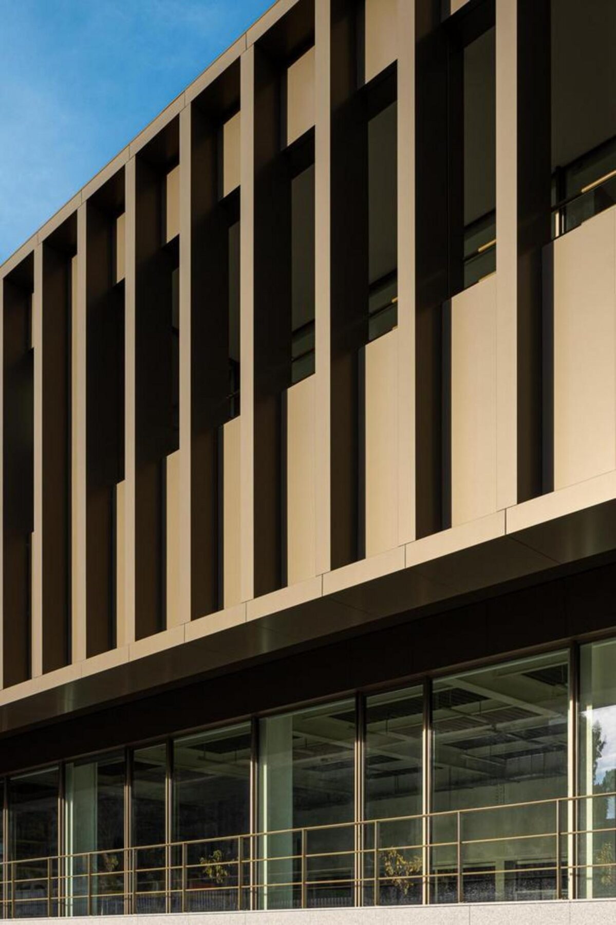 Entrada principal do edifício, com um vão generoso e uma marquise em betão, convidando à transição entre exterior e interior. — EDIFÍCIO-SEDE PRF arquitectura Impare Arquitectura fotografia Ivo Tavares