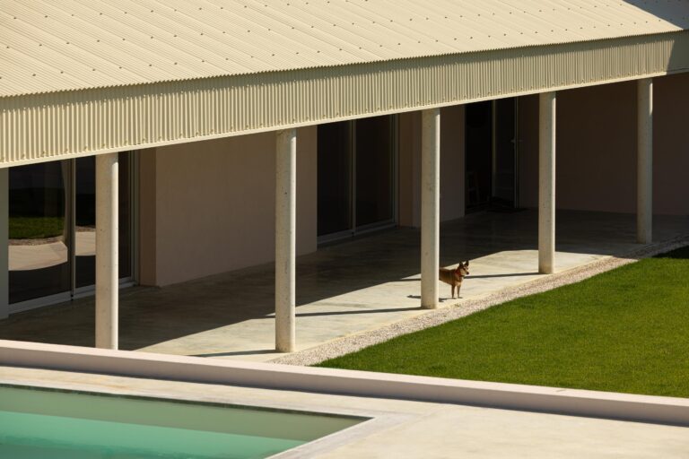 Alpendre com colunas cilíndricas em betão, pavimento em betão e relvado, adjacente à piscina — Casa do Alpendre arquitectura Vasco Burnay Arquitectura fotografia Ivo Tavares