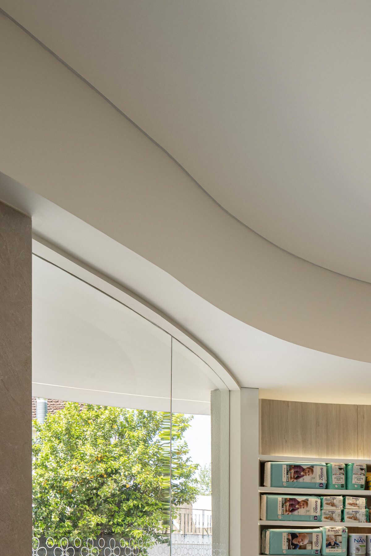 Detalhe do teto curvo branco e vão envidraçado, revelando a fachada exterior e vegetação — Farmácia São João arquitectura Tsou Arquitectos fotografia Ivo Tavares