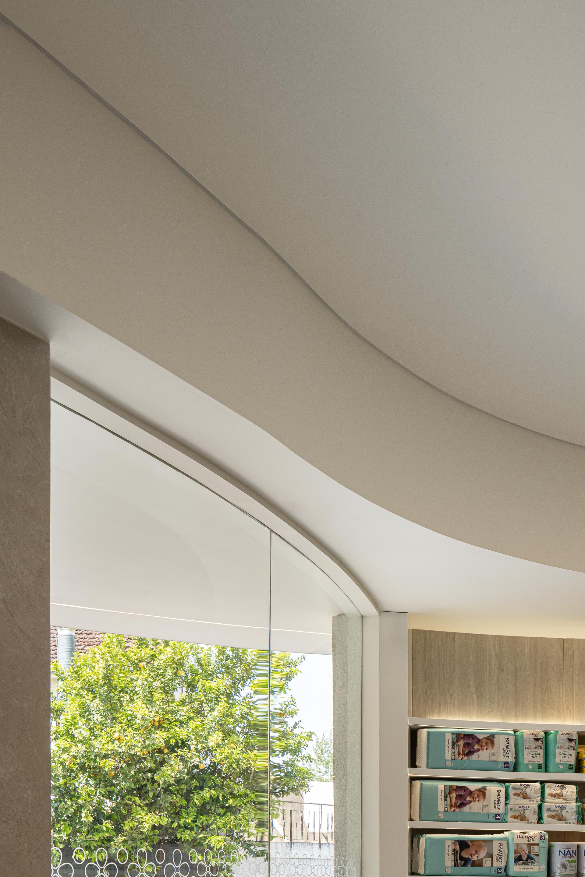 Detalhe do teto curvo branco e vão envidraçado, revelando a fachada exterior e vegetação — Farmácia São João arquitectura Tsou Arquitectos fotografia Ivo Tavares