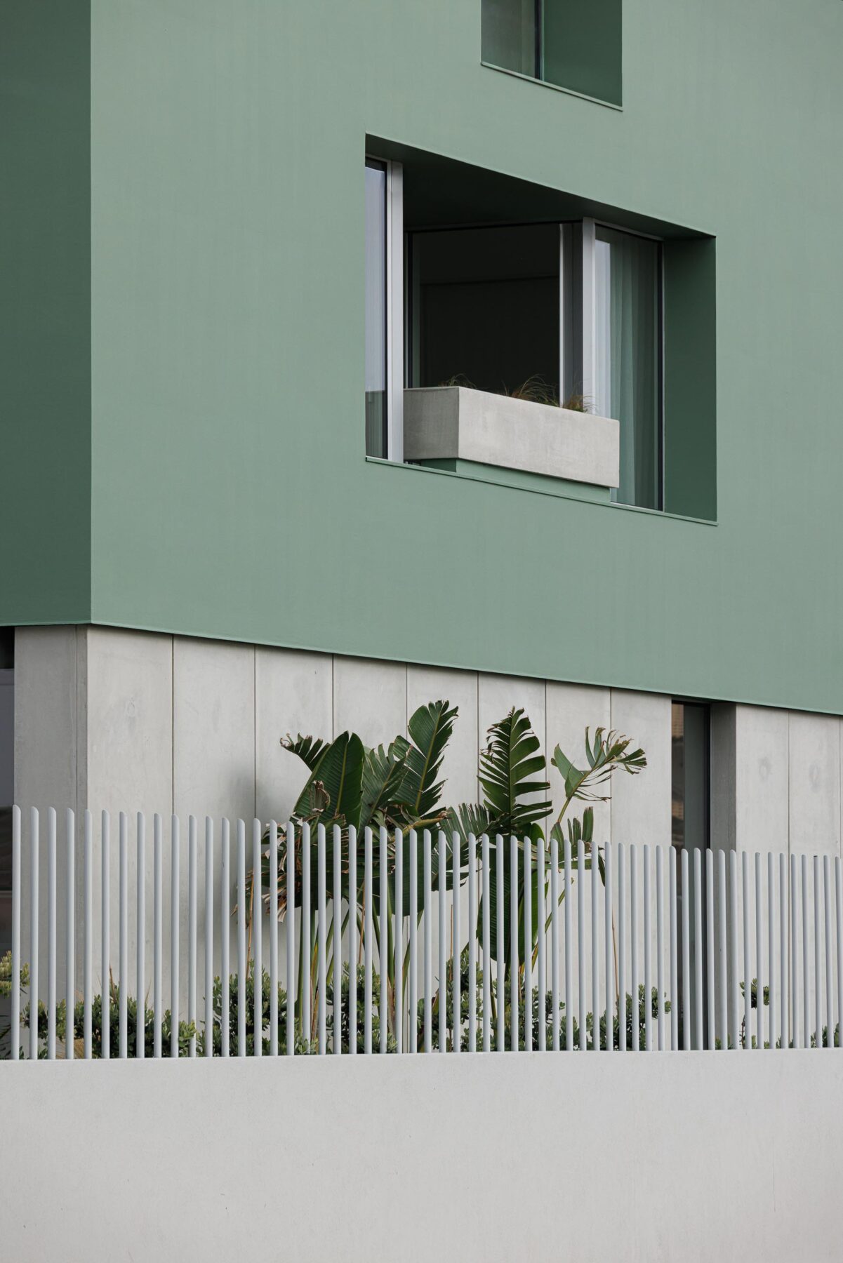 Fachada da moradia com volume superior verde e embasamento em betão aparente, detalhe de vão com floreira — Casa Verde arquitectura M2 Senos Arquitectos fotografia Ivo Tavares