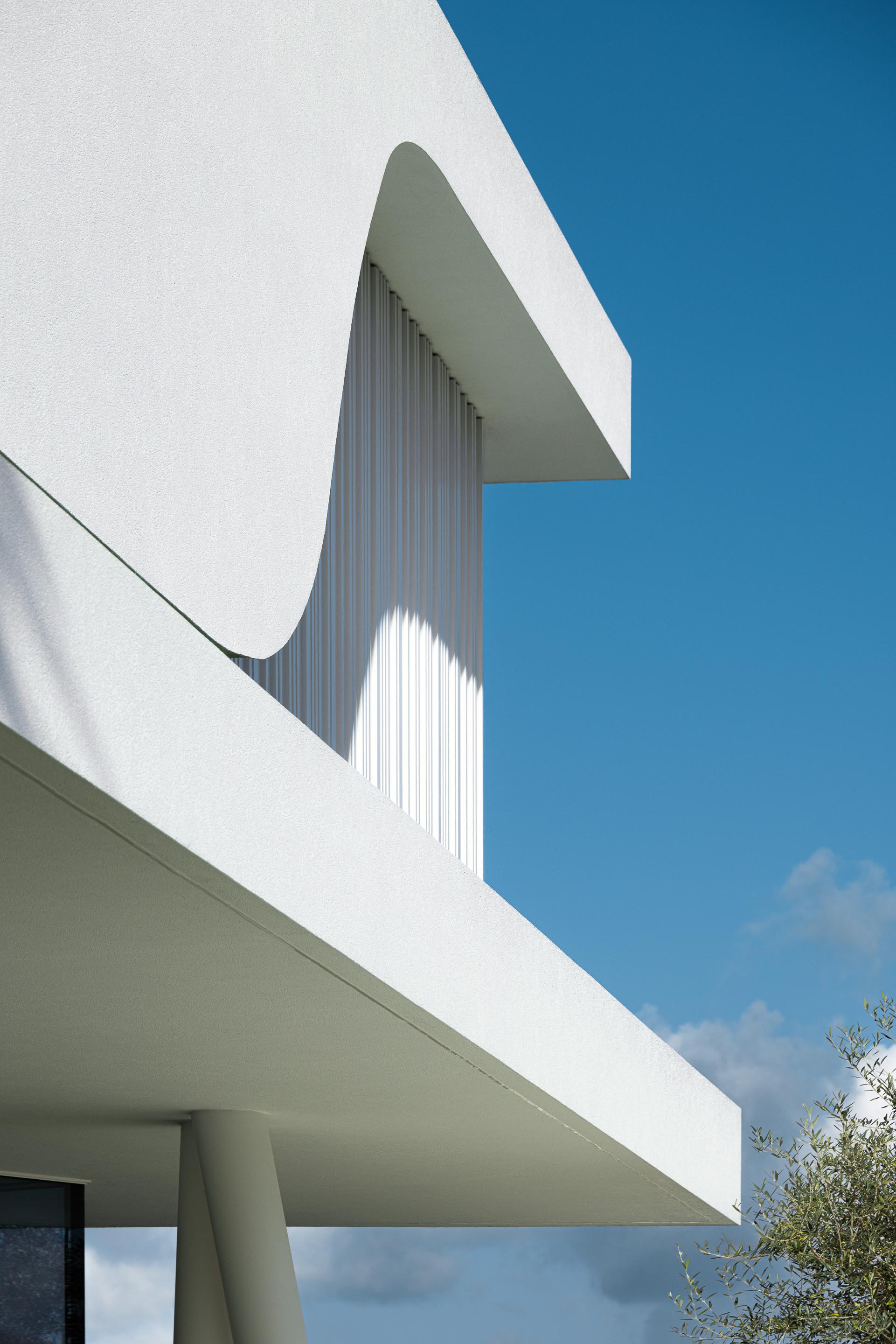 Volumetria branca e fluida com cobertura em consola, revelando painéis verticais ripados e grandes vãos — RiscoWhite arquitectura Risco Singular – Arquitectura, Lda. fotografia Ivo Tavares