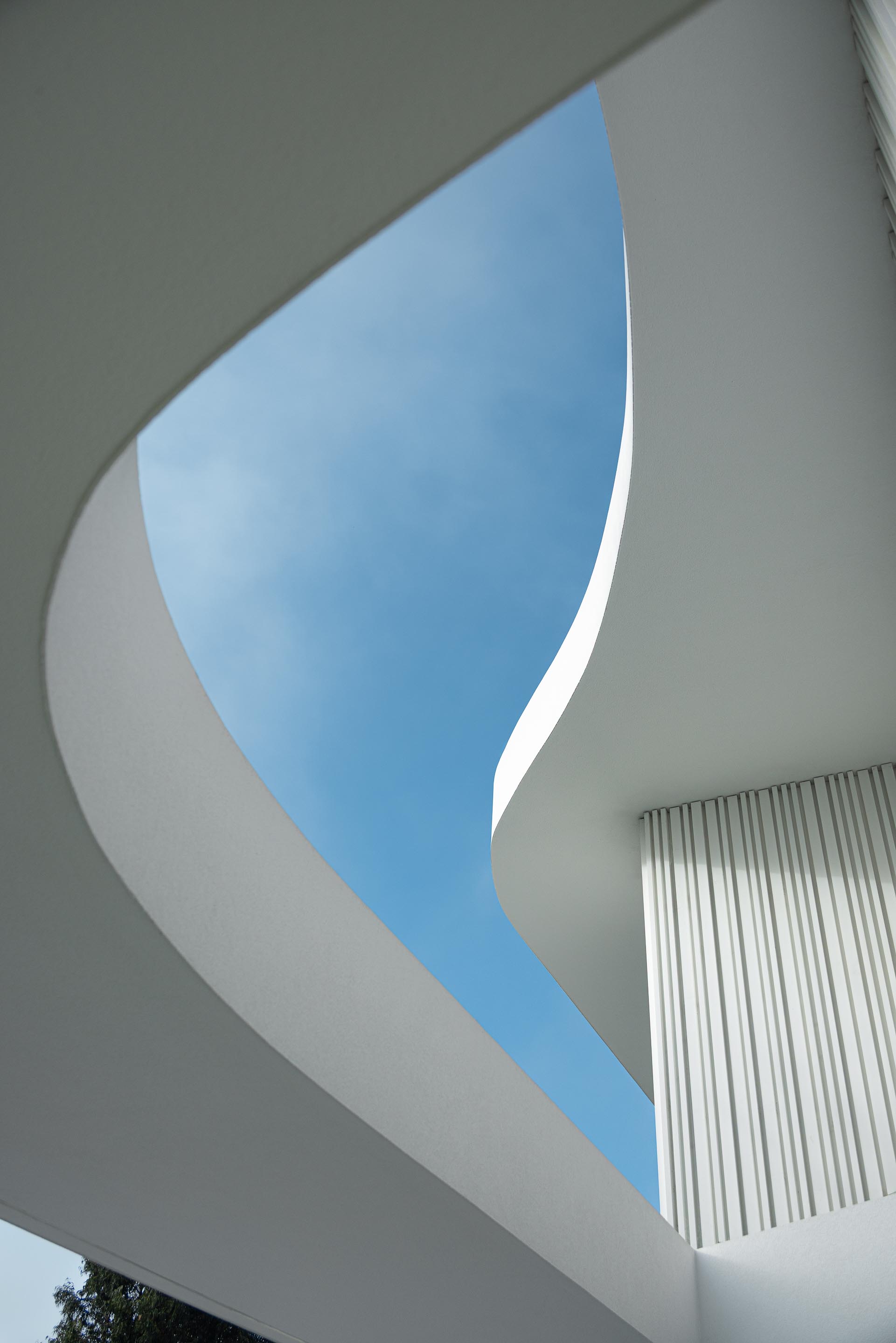 Vista zenital através de aberturas curvas na cobertura branca, revelando a fluidez da arquitectura e o céu azul — RiscoWhite arquitectura Risco Singular – Arquitectura, Lda. fotografia Ivo Tavares