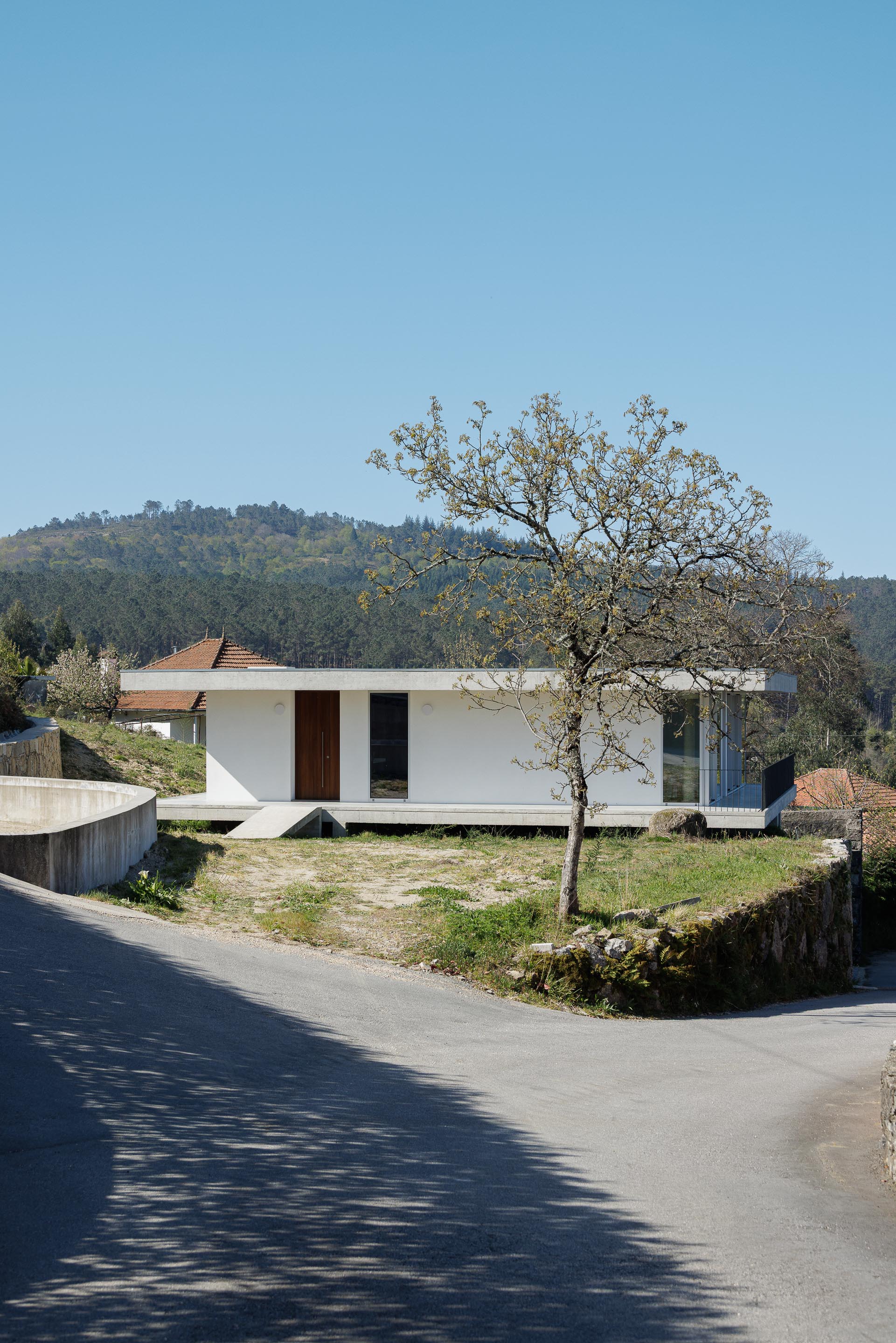 Moradia branca com cobertura plana, implantada em socalco, com entrada em madeira escura e vãos envidraçados — CASA COQUEIRA arquitectura Tiago Sousa Arquitecto fotografia Ivo Tavares