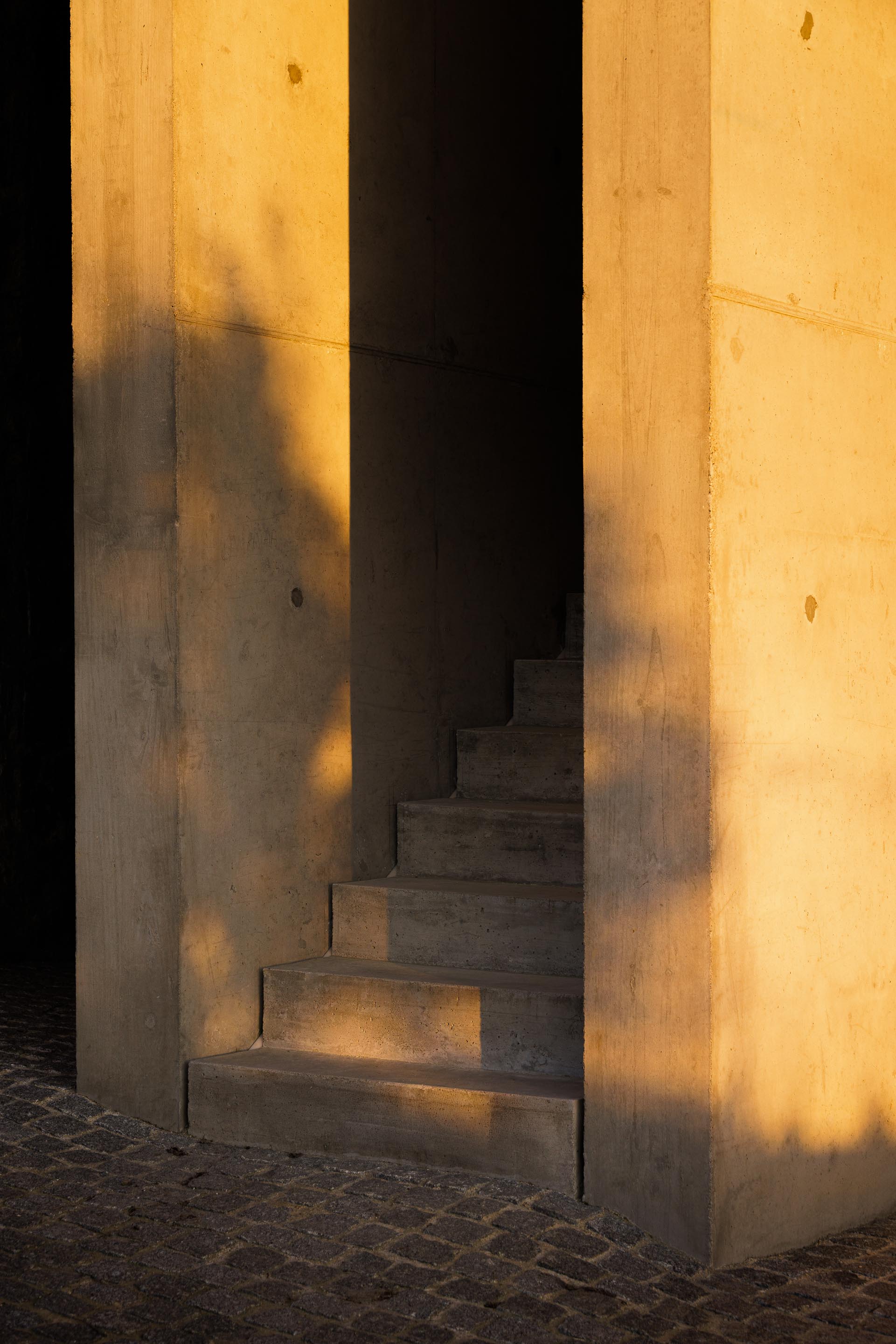 Escadaria de betão aparente, iluminada pelo sol poente, criando sombras dramáticas na estrutura — CASA COQUEIRA arquitectura Tiago Sousa Arquitecto fotografia Ivo Tavares
